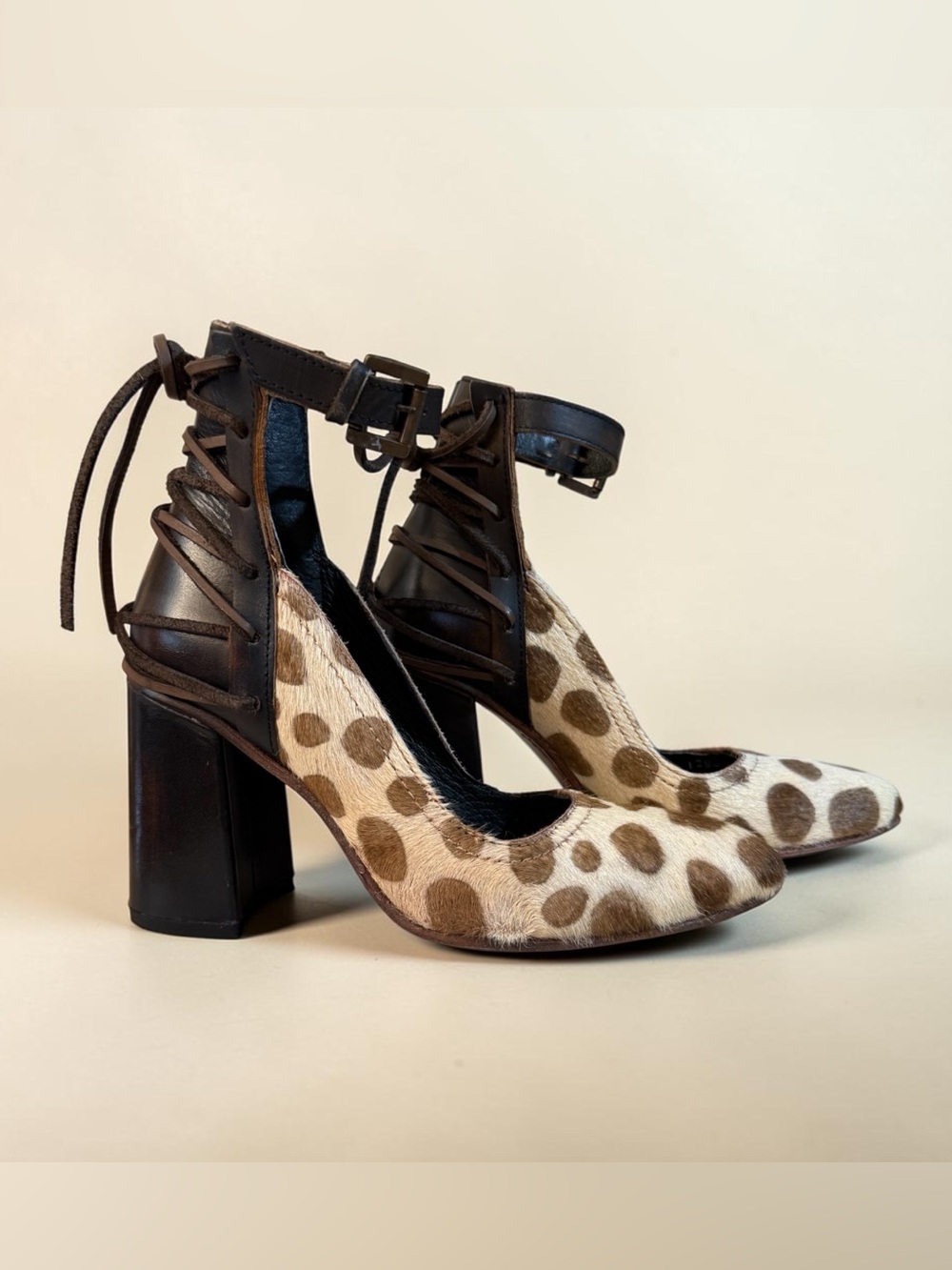 Freebird by Steven Brown and Cream Leopard Spot Block Heel Ankle Tie Pumps